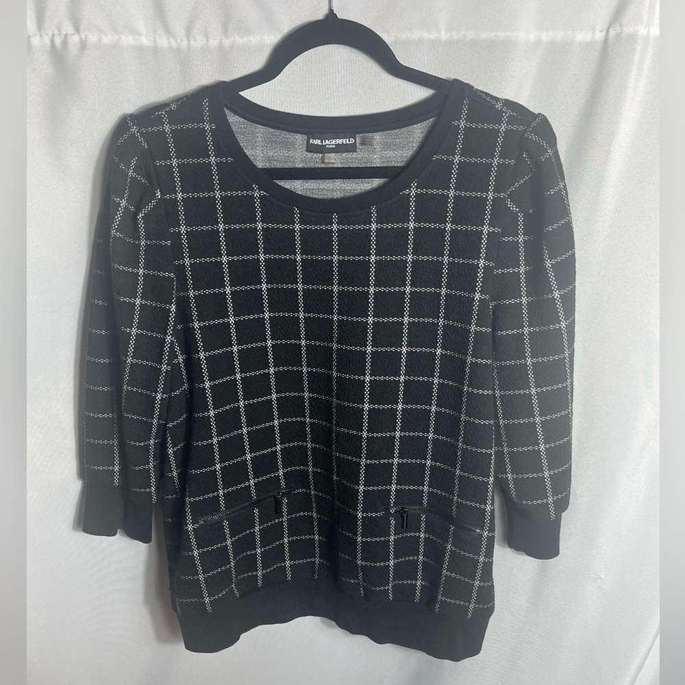 Karl Lagerfeld Paris Black Grid Pullover Sweater Zip Pocket Size L 3/4 Sleeve